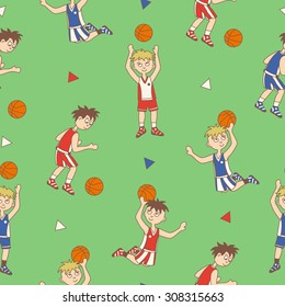 Basketball player seamless pattern on green background. Vector cartoon illustration 