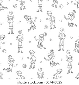 Basketball player seamless pattern. Vector cartoon illustration in black and white colors