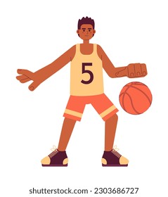 Basketball player semi flat colorful vector character. African american sportsman dribbling with basketball. Editable full body person on white. Simple cartoon spot illustration for web graphic design