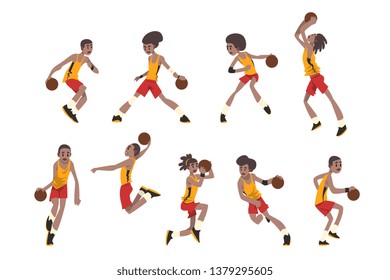 Basketball player set, athletes in uniform playing with ball vector Illustrations on a white background