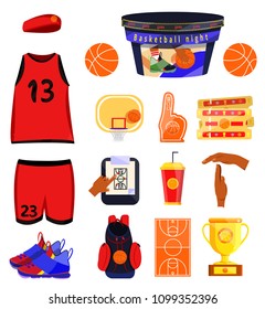 Basketball player set. Flat cartoons style vector illustration icons on white. Basketball equipments. Basketball fan accessories: shoes, backpack, clothes, scoreboard, tickets, hoop, cup, ball, hand.