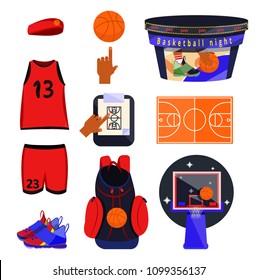 Basketball player set. Flat cartoons style vector illustration icons on white. Basketball  equipments. Basketball fan accessories: swinging ball, sport wear, hoop, coach scheme, scoreboard, headband.
