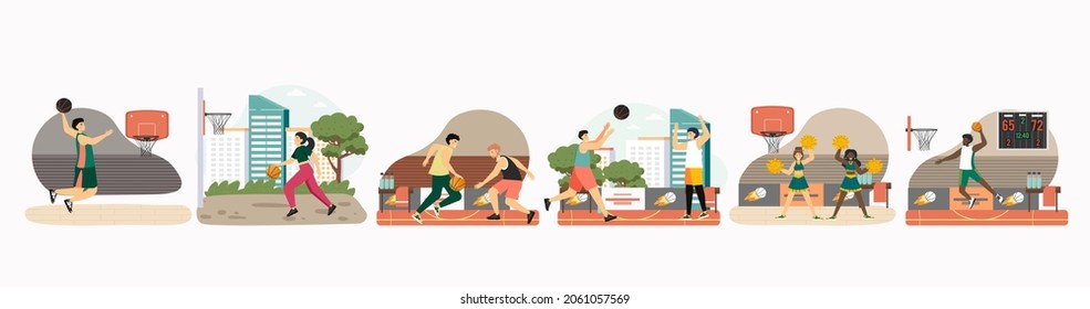 Basketball Player Set, Vector Illustration. Athletes Dribbling, Throwing Ball In Basket, Jumping, Making Slam Dunk Shot.