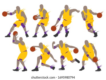 Basketball player shape silhouette vector set action pose