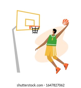 Basketball player shooting ball to the hoop. Free throw. Adult man cartoon action character. Flat vector isolated illustration. Men's basketball championship poster, banner design. 
