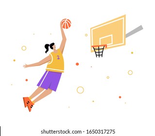 Basketball player shooting ball to the hoop. Adult woman cartoon action character. Flat vector isolated illustration. Women's basketball championship poster, banner design
