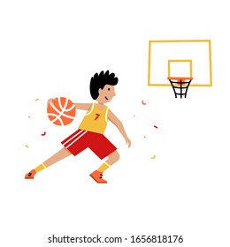 Basketball player shooting ball to the hoop. Young boy cartoon action character. Flat vector isolated illustration. Children's basketball championship poster, banner design
