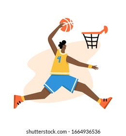 Basketball player shooting ball to the hoop. Adult man cartoon action character. Flat vector isolated illustration. Men's basketball championship poster, banner design
