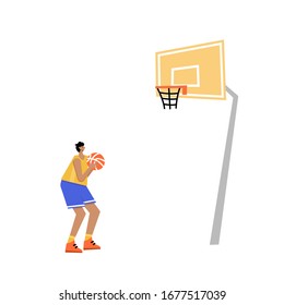 Basketball player shooting ball to the hoop. Free throw. Adult man cartoon action character. Flat vector isolated illustration. Men's basketball championship poster, banner design. Image 1 of 4.
