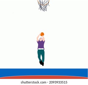 Basketball player shooting ball to the hoop. Free throw. Adult man cartoon action character. Cartoon stock vector illustration