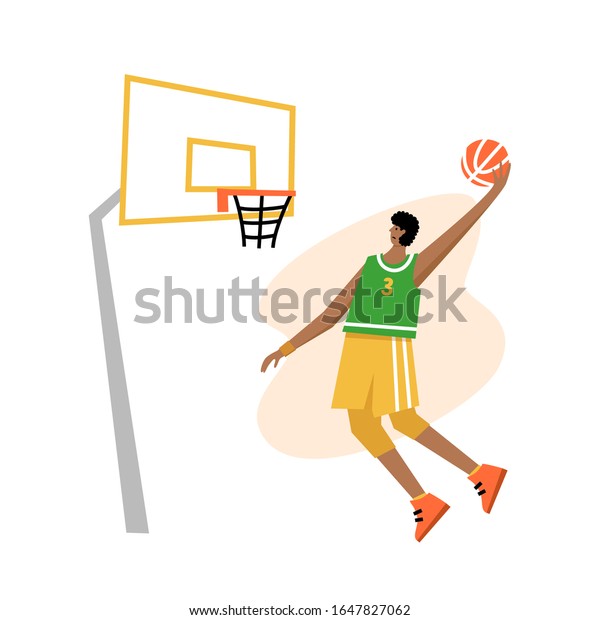 バスケットボールの選手がフープにボールを打ち込む 自由投げ 成人男性のアクションキャラクター 平らなベクター画像イラスト 男子バスケットボール 選手権のポスター バナーデザイン のベクター画像素材 ロイヤリティフリー