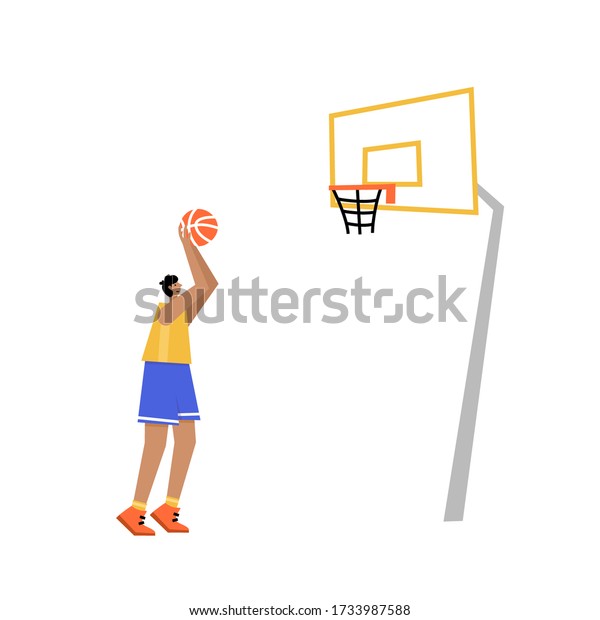 Basketball player\
shooting ball to the hoop. Free throw. Adult man cartoon action\
character. Flat vector isolated illustration. Men basketball\
championship poster, banner design.\
