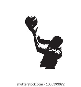 Basketball player shooting ball, isolated vector silhouette. Basketball logo