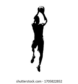 Basketball player shooting ball, jump shot, isolated vector silhouette. Ink drawing