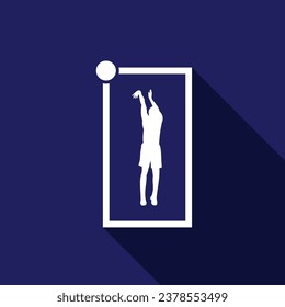 JUGADOR DE BALONCESTO DISPARANDO EL VECTOR DE LOGOTIPO DE BALONCESTO EN BLANCO CON FONDO AZUL PROFUNDO