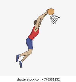 Basketball player shooting free throw. Hand drawn vector illustration