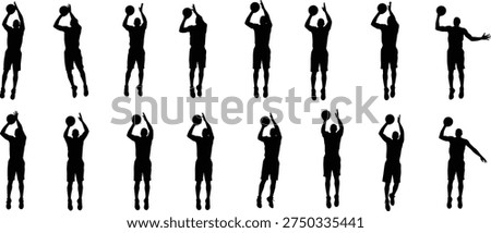 Basketball player shooting silhouettes collection, athlete jump shot poses set, sports action figure vector illustration isolated, professional basketball movement sequence for training design