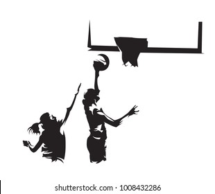 Basketball player shoots ball on the basket, the other defends. Abstract vector silhouette