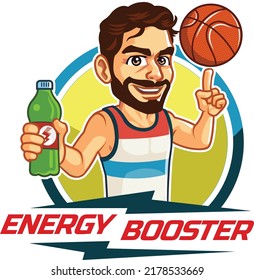 Basketball Player Showing Off Spinning Ball on Top of Finger and Hold Energy Drink Bottle