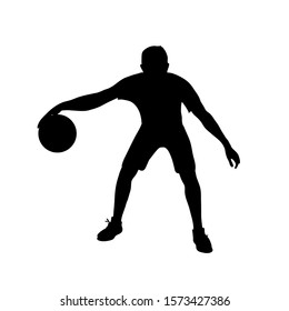 Basketball player silhouette isolated on a white background. Vector stock illustration of a sportsman with a basketball ball. Dribbling athlete in power forward position.