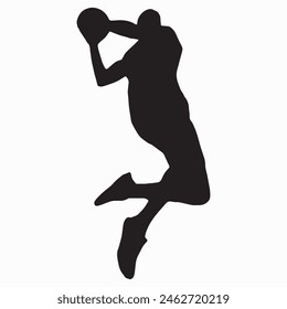 Basketball player silhouette isolated on a white background. Vector stock illustration of a sportsman with a basketball ball. Jumping athlete on point guard position.