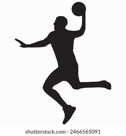 Basketball player silhouette isolated on a white background. Vector stock illustration of a sportsman with a basketball ball. Jumping athlete on point guard position.