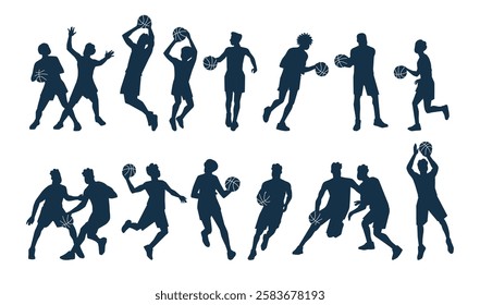 Basketball player silhouette set. Professional athletes in different poses. Sportsman keeping ball. Streetball competition. Tournament sport black isolated vector illustration