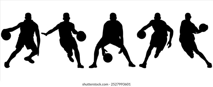 basketball player silhouette, vector illustration of a group of basketball players dribbling the ball