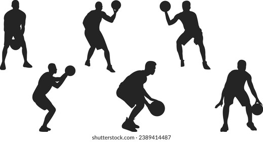 A basketball player silhouettes. A basketball player black flat icons set. Vector illustration