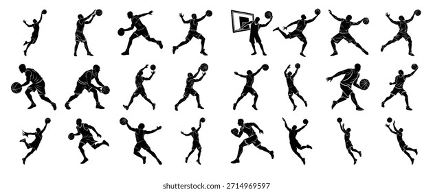 Siluetas de jugador de baloncesto en poses dinámicas en blanco