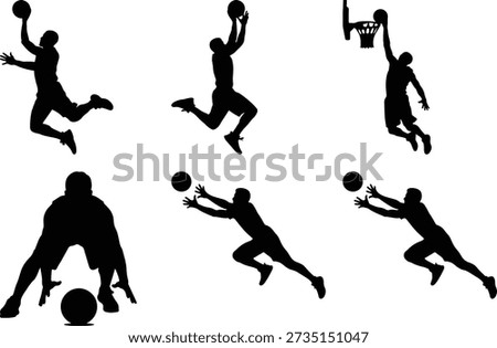 Basketball player silhouettes performing dunks and dribbles