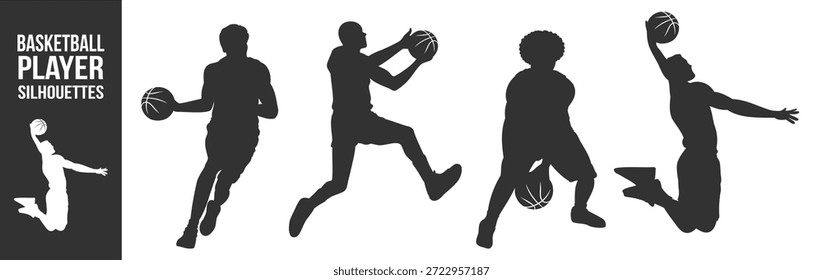 Conjunto de ícone vetorial de silhuetas do jogador de basquete, atletas pingando saltos e enterrada com bola, ilustração de ação de esportes dinâmicos em fundo transparente
