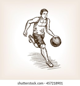Basketball player sketch style vector illustration. Old engraving imitation.