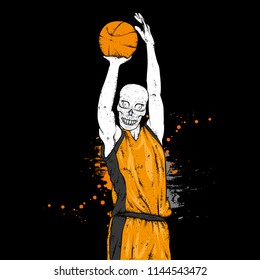 Basketball player with a skull head. Athlete with a basketball. Vector illustration for a postcard or a poster, print for clothes.