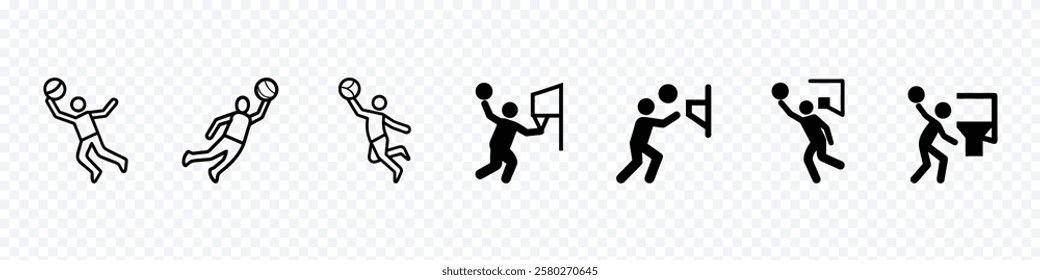 Basketball player slam dunk icon, Basketball jump shot icon, Basketball player dunking and scoring flat vector icon