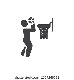 Basketball player slam dunk vector icon. filled flat sign for mobile concept and web design. Basketball jump shot glyph icon. Symbol, logo illustration. Vector graphics