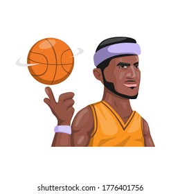 basketball player spining ball in hand, dark skin man professional athlete sport character mascot in cartoon illustration vector on white background