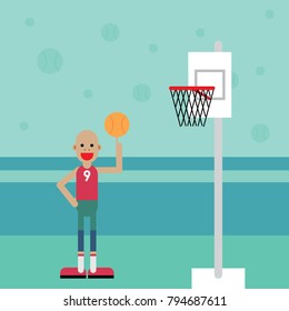 Basketball player spinning basketball. Flat design character