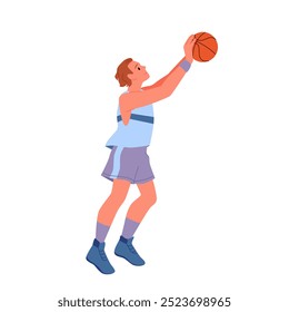 Basketball player spinning orange ball on finger. Young male athlete in sports uniform and sneakers standing to spin and twirl ball in balance with professional skill cartoon