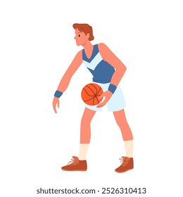 Jugador de baloncesto girando la bola naranja en el dedo. Atleta masculino joven en uniforme deportivo y zapatillas de deporte de pie para girar y girar la pelota en equilibrio con la Ilustración vectorial de dibujos animados de habilidad profesional