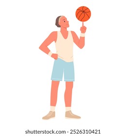 Jogador de basquete girando bola laranja no dedo. Jovem atleta masculino em uniforme esportivo e tênis de pé para girar e girar bola em equilíbrio com habilidade profissional desenho animado vetor ilustração