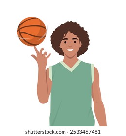 Jugador de baloncesto girando, girando, girando la bola en el dedo. Ilustración vectorial plana aislada sobre fondo blanco