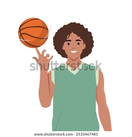 Basketball player spinning, rotating, swirling ball on finger. Flat vector illustration isolated on white background