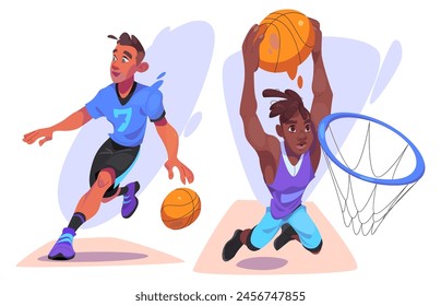 Basketball player sport illustration. Black afro boy shot ball in basket cartoon vector isolated on white background. Running african guy in uniform playing and jump. Professional male athlete