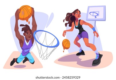 Basketball player sport illustration. Black afro boy shot ball in basket cartoon vector isolated on white background. Running girl in uniform playing and african guy jump. Professional female athlete