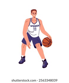 Basketball player in sportswear dribbling to goal. Professional sportsman in uniform plays basket ball, training before sports game, competition. Flat isolated vector illustration on white background