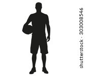 Basketball player standing with ball in hand. Vector silhouette of sportsmen with a ball