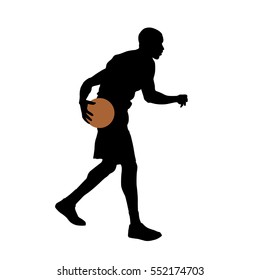 Basketball player standing and dribbling the ball, vector silhouette