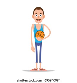 Basketball player stands holding ball in his hand. Athlete man with basket ball. Illustration in flat style. Isolated. Vector
