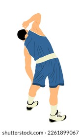 Basketball player stretching vector illustration isolated on white background. Sportsman boxer warming up before boxing game. Strain racking on court. Sport boy workout in gym. Fit man exercise. 